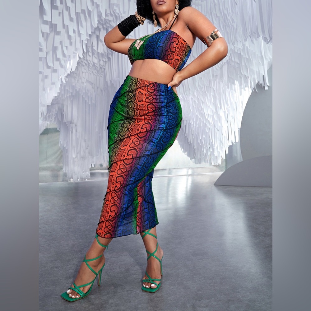 SHEIN SXY Plus Ombre Snakeskin Print Mesh Cami Top & Pencil Skirt